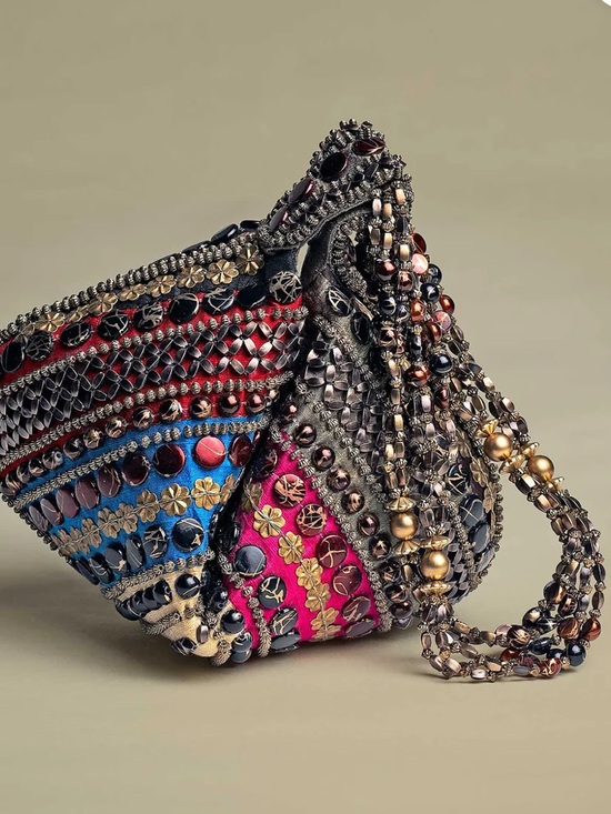 Metro bagz Handbags - Handcrafted Multicolour Embroidered Potli Bag with Beaded Handle Wedding Party